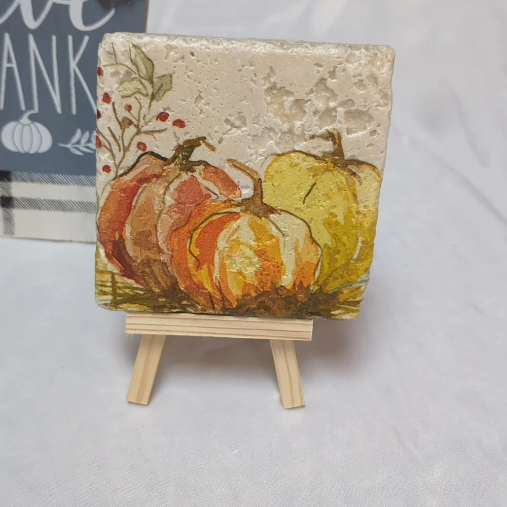5 Peice Fall Autumn Decor Bundle- Plush Pumpkins, Framed Print, Coaster, Sign